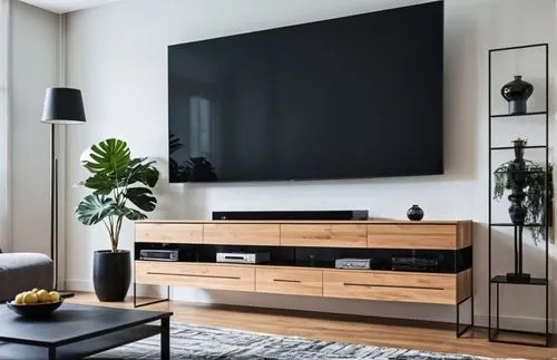 Modern living room TV wall in minimalist style:

TV cabinet: Width 240 cm, depth 45 cm, height 50 cm. Natural wood frame with black laminated doors, linear design and no handles. Smooth and spacious t