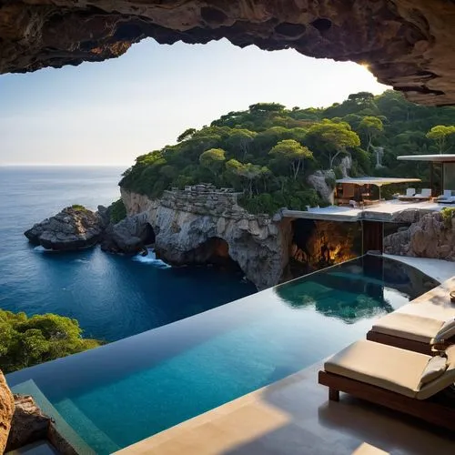 infinity swimming pool,amanresorts,cliffs ocean,luxury property,holiday villa,cave on the water,Illustration,Realistic Fantasy,Realistic Fantasy 06