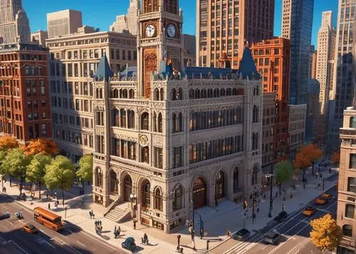 Chicago, Willis Tower, architectural artifacts, historic building, urban landscape, sunny day, clear blue sky, intricate details, Gothic Revival style, rust-colored stone, grand entrance, ornate carvi