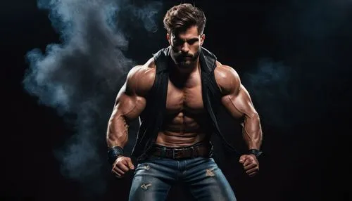 Mashle, magic, muscular man, 30yo, strong jawline, short beard, intense eyes, messy brown hair, sleeveless shirt, ripped jeans, leather belt, massive chest, bulging biceps, powerful legs, dynamic pose