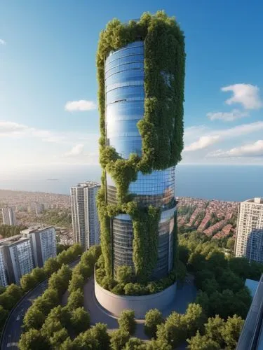 A skyscraper with gas’s facade and beautiful vegetations and sky in a busy urban neighborhood ,ecotopia,planta,residential tower,sky apartment,stalin skyscraper,the energy tower,cesar tower,electric t