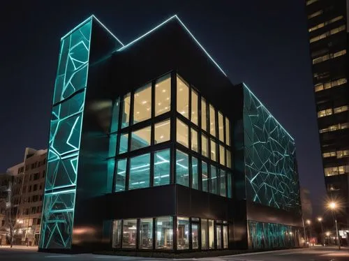 Modern RD architecture, futuristic building, sleek lines, metallic materials, glass facade, LED lights, neon accents, urban cityscape, night scene, dramatic lighting, low-angle shot, symmetrical compo