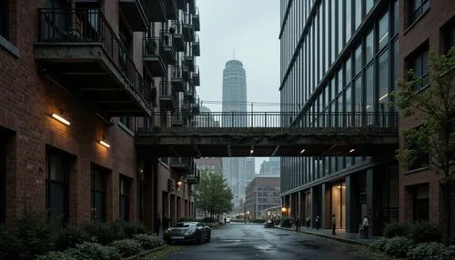 Gritty urban landscape, abandoned factories, rusty metal bridges, crumbling brick walls, abstract deconstructivist architecture, fragmented glass facades, distorted reflections, eerie atmospheric ligh