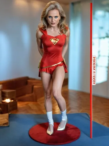 Doris, a German Supergirl,a woman dressed as the super hero posing on a red mat,3d figure,action figure,plastic model,supermarionation,supergirl,actionfigure,Photography,General,Realistic