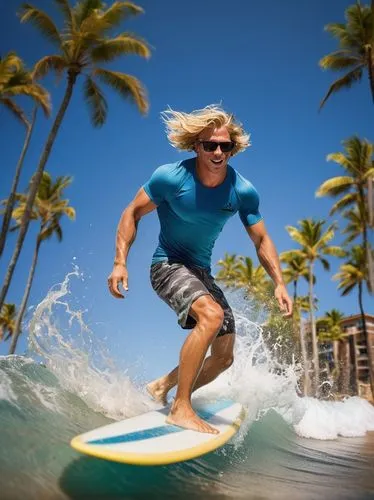 Surfing, athletic man, muscular arms, messy blond hair, sunglasses, ripped surf shorts, beach sandals, ocean waves, sunny day, blue sky, seagulls flying overhead, palm trees swaying in the wind, sandy