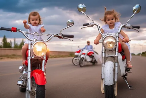 niñas de dos años con vestidos color blanco montadas en motos color roja,family motorcycle,motorcycles,bike kids,motorcycle accessories,motorcycling,motor-bike,motorcycle racing,vintage boy and girl,m