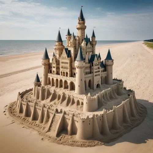 a realistic photo of a sand castle on a beach in Poland, insane detail, looks like Neuschwanstein, made by Wes Andersen, leica m6 shot on polaroid film ,sand castle,sandcastle,sand sculptures,building