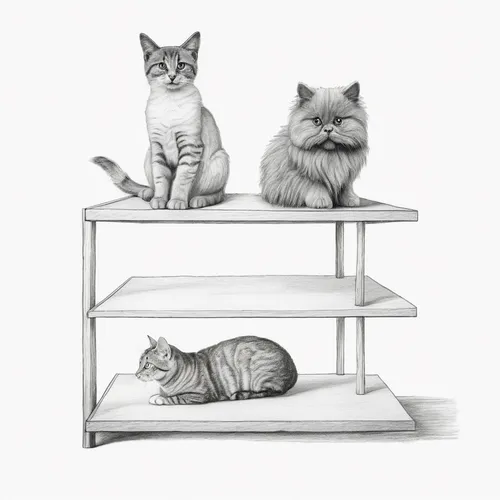 cat furniture,bunk bed,vintage cats,shelving,plate shelf,cat line art,shelf,empty shelf,shelves,cat frame,cat supply,bookend,gray cat,american shorthair,step stool,parallel bars,british shorthair,two cats,wooden shelf,baking sheet,Illustration,Black and White,Black and White 35