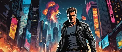 black city,sci fiction illustration,terminator,pompadour,wolverine,game illustration,preacher,cyberpunk,star-lord peter jason quill,mobile video game vector background,vector illustration,fire background,city in flames,renegade,jacket,daredevil,background image,pandemic,background images,vector art,Unique,Design,Sticker