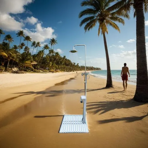 沙滩淋浴,man walking down a beach next to palm trees,skimboarding,waikiki beach,beach defence,usb wi-fi,waikiki,skimpier