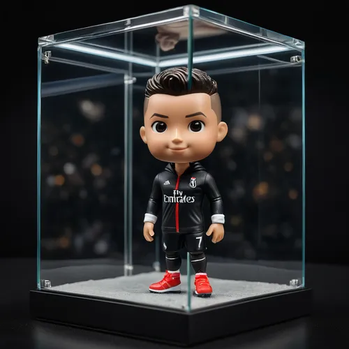 The image shows a Cristino ronaldo  encased within a clear rectangular glass box. The person is wearing casual attire: black jeans, sneakers, and a zipped-up hoodie. The person inside is very realisti