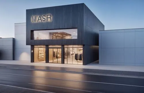 a commercial clothing store, cladded with composite panels, a footpath at front with traffic and humans, buinding in backdrop,a clothing store front is lit by a street,masdar,nasher,nassa,nassor,nasm,