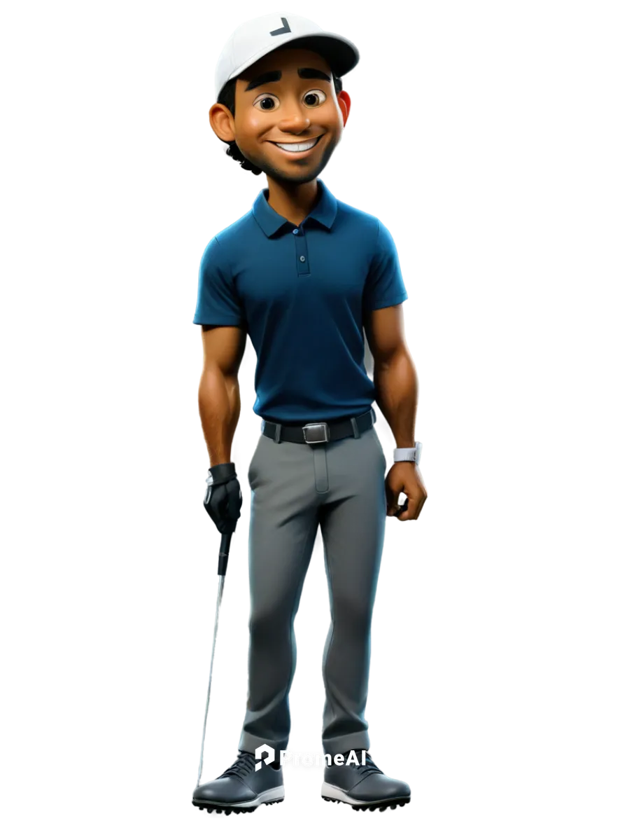 Cartoon Tiger Woods, golf player, smiling face, bright eyes, athletic build, blonde hair, cap backwards, Nike shirt, golf glove, holding golf club, standing pose, dynamic movement, vibrant colors, com