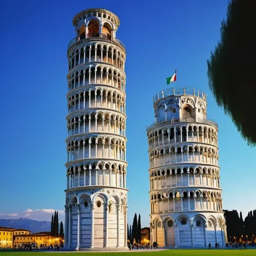 Imagine a Torre de Pisa ao entardecer, com sua estrutura inclinada capturada contra um céu tingido de azul. A torre de mármore branco se ergue graciosamente sobre a praça ao redor, cercada por outras 