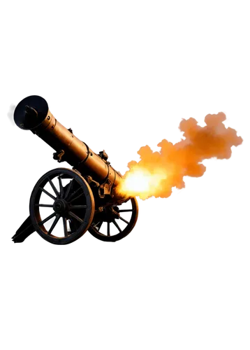 Cannon, metallic material, old-fashioned design, rusty surface, intricate details, smoke effect, explosive sound FX, dynamic movement, low-angle shot, dramatic lighting, warm color tone, cinematic com