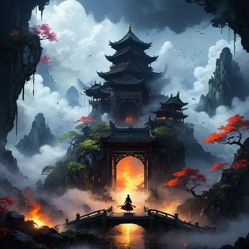 hanging temple,jinchuan,oriental lantern,wudang,world digital painting,tianxia,shrine,zui,shaoming,fantasy landscape,qingcheng,asian architecture,yanzhao,sizhao,oriental,baoqing,wenzhao,mengzi,dalixia,wuzong