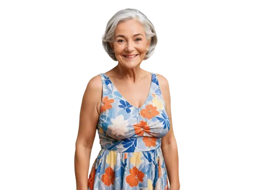 Elderly lady, mature, wrinkled skin, sagging breasts, loose-fitting bra, floral patterned dress, silver hair, gentle smile, soft wrinkles around eyes, warm lighting, 3/4 composition, shallow depth of 