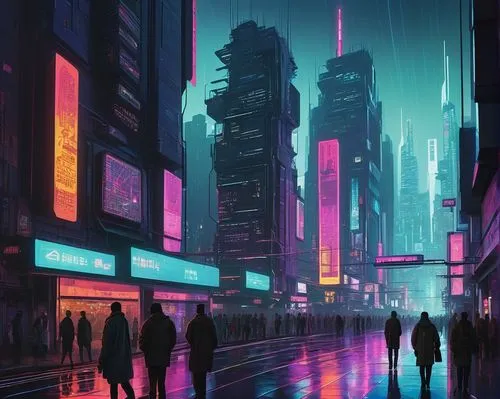 cyberpunk,cybercity,cityscape,futuristic landscape,metropolis,cybertown,shinjuku,futuristic,cyberscene,colorful city,fantasy city,tokyo city,polara,shanghai,cityzen,synth,dystopian,microdistrict,bladerunner,urban,Illustration,Vector,Vector 10