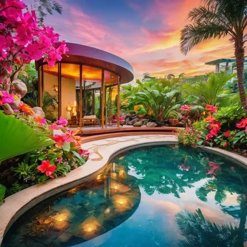 tropical house,tropical island,pool house,hawaii,tropical bloom,tropical flowers,beautiful home,tropics,hualalai,holiday villa,florida home,backyard,outdoor pool,bougainvilleas,tropical jungle,palmilla,mustique,paradisus,bougainvillea,volcano pool,Conceptual Art,Oil color,Oil Color 23