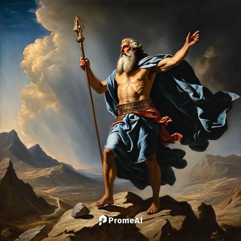 Realistic oil painting, biblical scene of Moses climbing Mount Sinai with the tablets of the law, by El Greco or Caravaggio, dramatic lighting and composition, intricate details in clothing and landsc