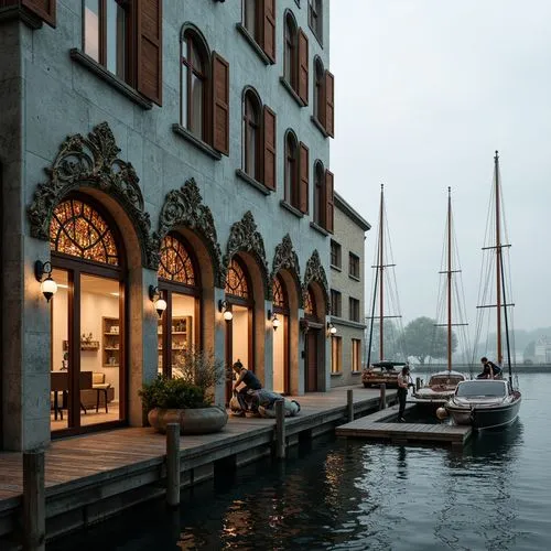 Waterfront location, wooden dock, sailboats, rippling water, misty morning, soft warm lighting, ornate facade, sinuous lines, flowing curves, organic forms, Art Nouveau patterns, stained glass windows