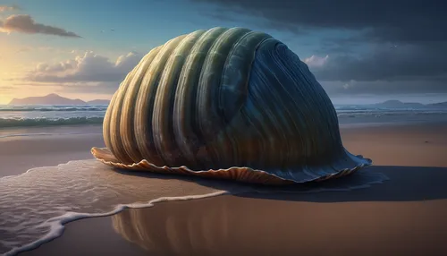 In a creepy horror story, a mysterious clam shell appears on a deserted beach and brings bad luck to anyone who touches it,sea shell,seashell,clam shell,spiny sea shell,clamshell,nautilus,3d render,bi