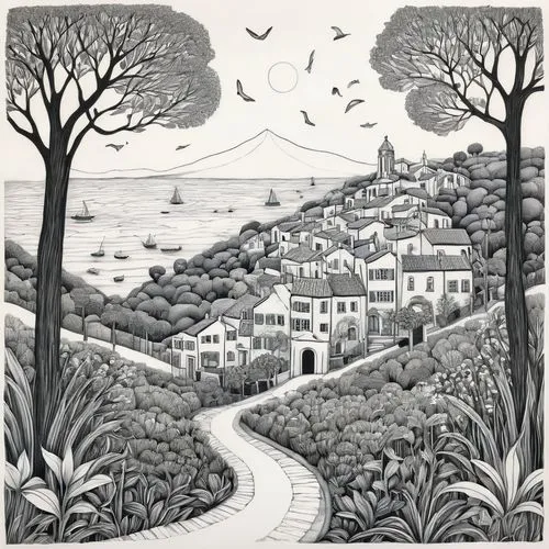 ravilious,bawden,woodring,linocut,linocuts,scragg,montalbano,gorey,fresnaye,matravers,escher village,olive grove,clifftops,book illustration,calvet,winding roads,winding road,milkwood,provencal,bronte,Illustration,Abstract Fantasy,Abstract Fantasy 03