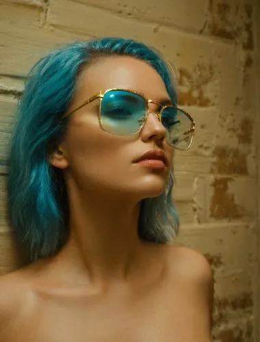 perfect women wearing gold light blue glases. naked chest,color glasses,sunglasses,photochromic,sun glasses,ektachrome,silver framed glasses,blue hair,sunglass,ski glasses,cyber glasses,swimming goggl