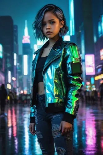 Jenna Ortega, AI robot, futuristic cyberpunk, metallic skin, glowing blue circuits, short silver hair, piercing green eyes, black leather jacket, ripped jeans, combat boots, holding a holographic tabl