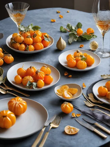 Describe a modern kitchen with a creative twist - a table set with lavish dishes prepared using physalis peruviana.,kumquats,sliced tangerine fruits,apricots,mandarin oranges,dried apricots,clementine