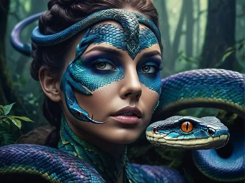 blue snake,snake charming,serpent,boa constrictor,fantasy art,fantasy portrait,snake charmers,constrictor,pointed snake,fantasy picture,photoshop manipulation,emperor snake,water snake,bodypaint,bodypainting,reptilian,body painting,blue enchantress,photo manipulation,green snake,Illustration,Realistic Fantasy,Realistic Fantasy 20