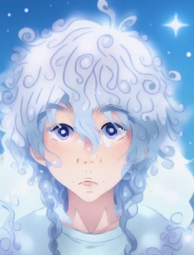 blue hair , blasian boy, 90s anime, pokemon trainer, cosmic background, snow, manga face, ,blue snowflake,the snow queen,white rose snow queen,snowball,snow flake,solar quartz,candytuft,edelweiss,fath