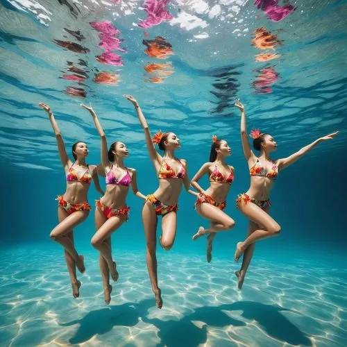 Imagine a vibrant tropical paradise where a group of water ballet team flaunt their stylish micro bikinis. half body in water,synchronized swimming,photo session in the aquatic studio,underwater backg