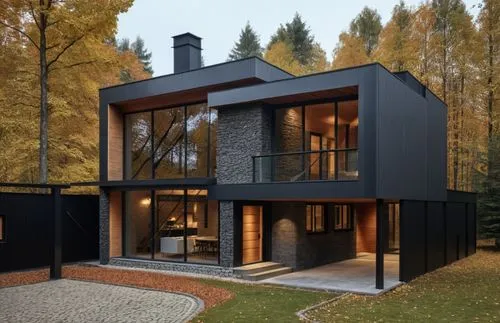 modern house, trees on background, bricks on facade, black painted walls,the contemporary building is located on the street,modern house,cubic house,inverted cottage,kundig,wooden house,modern archite