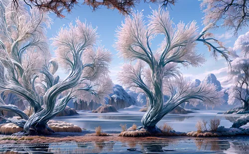 winter landscape,hoarfrost,ice landscape,fantasy landscape,winter background,winter forest,winter lake,snow trees,weeping willow,snow landscape,river landscape,fantasy picture,nature landscape,winter magic,landscape background,winter dream,landscape nature,winter tree,natural landscape,beautiful landscape