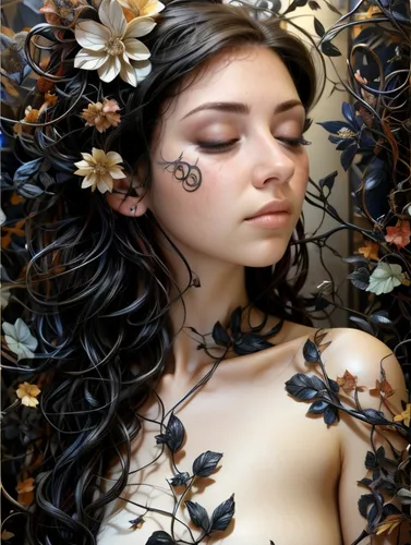 faerie,girl in flowers,faery,beautiful girl with flowers,flower fairy,dryad,elven flower,dried petals,fantasy portrait,body painting,fallen petals,girl in a wreath,bodypainting,butterfly floral,tiger lily,body art,fairy queen,floral wreath,wreath of flowers,starflower