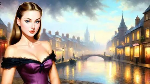 dark saturated colors, Romantic masterpiece oil painting, beautiful girl dainty girdle dress portrait, nostalgic 1950's style kitsch, Victorian London streets, dark stormy night, cozy familiar scenery