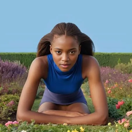 A woman on the ground leaning on her elbows seen from the front. Above, a deep blue, cloudless sky.,yogananda,girl in flowers,girl in the garden,yoga,jasmine bush,yogananda guru,girl lying on the gras