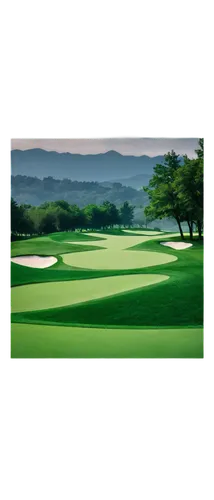 Golf course landscape, sunny day, rolling hills, lush green grass, scattered trees, sand traps, water hazards, golf carts, flagsticks, scenic panoramic view, low angle shot, warm natural lighting, sof