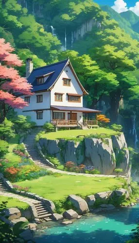 house in mountains,house in the mountains,house with lake,summer cottage,house by the water,home landscape,ghibli,lonely house,house in the forest,cottage,studio ghibli,idyllic,little house,small house,landscape background,dreamhouse,sakura background,japanese sakura background,beautiful home,japan landscape,Illustration,Japanese style,Japanese Style 03