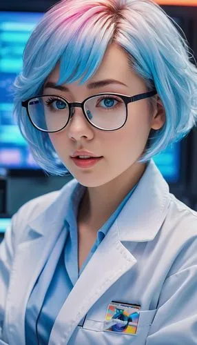 Hypnotic AI, futuristic laboratory, solo, female scientist, 25yo, short blue hair, glasses, white lab coat, high heels, advanced computer screens, neon lights, metallic surfaces, sleek machines, holog