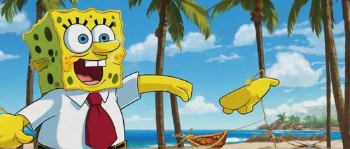 SpongeBob SquarePants, excited expression, blue eyes, porous yellow skin, white shirt with a blue collar, red tie, brown pants, Krusty Krab apron, holding a jellyfish net, standing on the beach, sunny