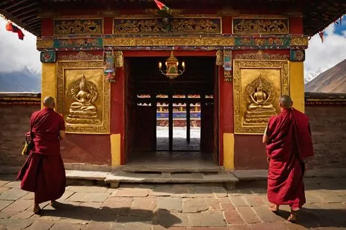 Tibetan Buddhist temple, ornate golden roofs, vibrant red walls, intricate wooden carvings, colorful prayer flags, grand entrance gate, majestic stone lions, serene courtyard, peaceful monks, traditio