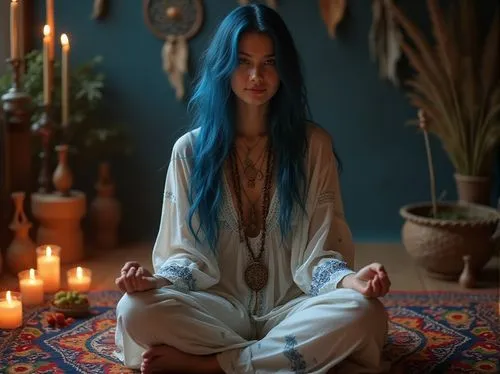 Mysterious spiritual woman, Indigo hair, deep indigo eyes, subtle smile, gentle facial features, bohemian clothing, flowing white dress with intricate indigo embroidery, layered necklaces with various