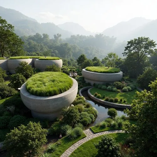 ecotopia,futuristic landscape,biopiracy,tulou,futuristic architecture,ecovillages,biospheres,earthship,roof landscape,terraformed,landscaped,grass roof,futuristic art museum,roof domes,biomes,wudang,rivendell,odomes,vegetables landscape,terraforming