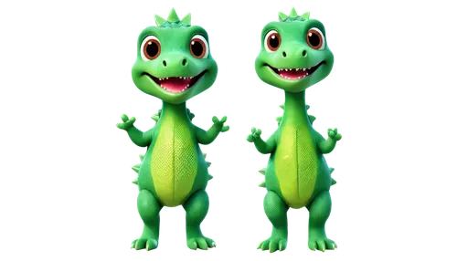 Cartoon dinosaur, green scaly skin, big brown eyes, smiling face, small arms, short legs, funny posture, standing, white background, simple lines, bright colors, 2D illustration, comic style, bold out