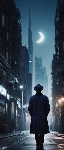 midnight blue,detective,digital compositing,violinist violinist of the moon,manhattan,black city,concept art,moonlight,blue hour,man silhouette,moonlit night,cyberpunk,film noir,moon walk,full hd wallpaper,world digital painting,night scene,dusk,photoshop manipulation,the wanderer,Conceptual Art,Sci-Fi,Sci-Fi 03