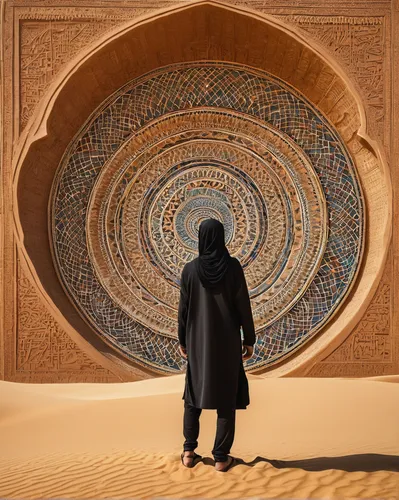 sand clock,middle eastern monk,arabic background,islamic pattern,viewing dune,sand art,rem in arabian nights,orientalism,bedouin,king abdullah i mosque,sahara,islamic architectural,dune,admer dune,flying carpet,stargate,sand pattern,sand paths,sand timer,libyan desert,Illustration,Abstract Fantasy,Abstract Fantasy 21