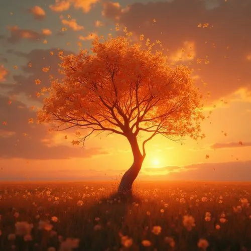 As the sun sets over the horizon, the sky transforms into a vibrant shade of orange as the last rays of sunlight cast their delicate petals in a warm glow. The trees sprout from the fertile grounds of