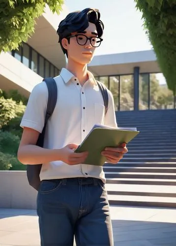 Architecture student, male, 20yo, short black hair, glasses, casual wear, denim jeans, white shirt, sneakers, holding a large folder, standing in front of a modern university building, with a grand st